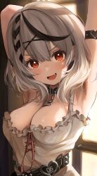 Rule 34 | 1girl, armpits, arms up, black hair, breasts, double-parted bangs, ear piercing, grey hair, hair ornament, highres, hololive, large breasts, looking at viewer, medium hair, multicolored hair, open mouth, piercing, red eyes, sakamata chloe, samu (sam deg369), smile, solo, streaked hair, sweat, virtual youtuber, x hair ornament