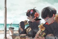 Rule 34 | 2boys, absurdres, ahoge, beach, black coat, black hair, cloud, cloudy sky, coat, commentary, cup, day, disposable cup, drinking straw, eating, eyewear on head, fatalbug896, flower, food, food on face, from side, german commentary, hair flower, hair ornament, hibiscus, high collar, highres, holding, holding food, light smile, looking at viewer, male focus, multiple boys, nichts (fatalbug896), ocean, open mouth, original, outdoors, profile, red flower, round eyewear, sandwich, short hair, sideways glance, sitting, sky, sleeves past fingers, sleeves past wrists, sunglasses, table, turtleneck, two-sided fabric, upper body, water, wille (fatalbug896), yellow flower