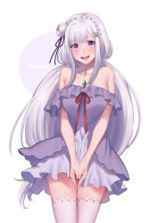 Rule 34 | 1girl, :d, bare shoulders, braid, breasts, character name, collarbone, commentary, cowboy shot, detached collar, dress, emilia (re:zero), flower, gem, hair flower, hair ornament, head tilt, large breasts, light purple hair, long hair, looking at viewer, noriuma, open mouth, own hands together, pointy ears, purple eyes, re:zero kara hajimeru isekai seikatsu, sleeveless, sleeveless dress, smile, solo, thighhighs, very long hair, white thighhighs