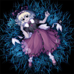 Rule 34 | 1girl, :d, blonde hair, bow, breasts, dress, female focus, fukaiton, full body, grass, hair ribbon, hairband, looking at viewer, lowres, lying, medicine melancholy, on back, open mouth, plant, puffy short sleeves, puffy sleeves, red bow, red dress, ribbon, short hair, short sleeves, small breasts, smile, solo, su-san, touhou