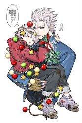 Rule 34 | 2boys, blue coat, blue eyes, christmas, christmas lights, closed mouth, coat, color xiao, devil may cry (series), father and son, fingerless gloves, gloves, hair slicked back, highres, holding, hood, hoodie, male focus, multiple boys, nero (devil may cry), pale skin, red hoodie, shoes, simple background, sleeping, vergil (devil may cry), white background, white hair