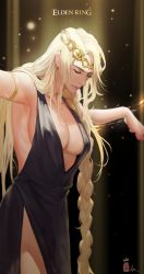 Rule 34 | 1girl, absurdres, armlet, black dress, blonde hair, braid, breasts, cleavage, closed eyes, closed mouth, commentary, copyright name, cowboy shot, crucifixion, dress, elden ring, english text, highres, long hair, lsr, outstretched arms, plunging neckline, queen marika the eternal, side slit, signature, solo, sparks, spread arms, tiara