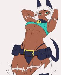 Rule 34 | 1girl, absurdres, arms behind head, arms up, bell, belt buckle, belt pouch, blue eyes, bob cut, breasts, buckle, cameltoe, cleft of venus, collar, cowboy shot, dark-skinned female, dark skin, female focus, grey background, highres, looking at viewer, looking down, ms. fortune (skullgirls), navel, neck bell, pouch, scar, shnibbles, short hair, skullgirls, smile, solo, stomach, thong, underboob, white hair