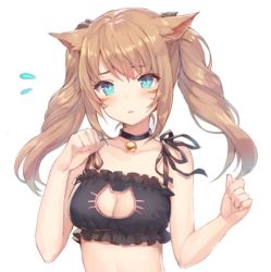 Rule 34 | 1girl, :o, animal ears, artist request, bell, blue eyes, blush, breasts, brown hair, cat cutout, cat ears, character request, clothing cutout, jewelry, medium breasts, necklace, nervous, simple background, sweatdrop, twintails