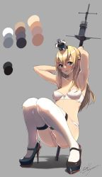 Rule 34 | 10s, 1girl, :d, alternate costume, armpits, arms up, black footwear, blue eyes, blush, bra, braid, breasts, collarbone, color guide, crown, eight tohyama, eyebrows, french braid, full body, grey background, hair between eyes, high heels, highres, holding, kantai collection, knees together feet apart, long hair, looking at viewer, open mouth, palette (object), panties, pole, shoes, signature, simple background, small breasts, smile, solo, squatting, thighhighs, underwear, underwear only, warspite (kancolle), white bra, white panties, white thighhighs