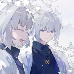 2boys bai_xiao bishounen cape flower grey_hair highres male_focus mimizuku_(sky:_children_of_the_light) multiple_boys pointy_hair ponytail purple_eyes siblings sky:_children_of_the_light tokyoosad twins upper_body white_flower white_hair