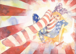 Rule 34 | 1girl, american flag dress, american flag legwear, blonde hair, clownpiece, commentary request, dress, fire, foreshortening, from below, hat, holding, jester cap, long hair, looking at viewer, misawa hiroshi, neck ruff, open mouth, painting (medium), pantyhose, perspective, plantar flexion, purple hat, red eyes, short sleeves, solo, striped clothes, striped dress, striped pantyhose, sunburst, sunburst background, torch, touhou, traditional media, watercolor (medium)