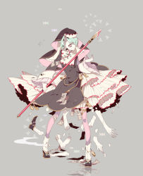 Rule 34 | 1girl, ambiguous red liquid, anklet, aqua hair, black footwear, bow, broken, candy, chinese clothes, closed mouth, dress, food, footwear bow, frilled sleeves, frills, full body, grey background, habit, hair over one eye, high heels, holding, holding polearm, holding spear, holding weapon, jewelry, layered dress, legs apart, long sleeves, looking away, nun, ofuda, pendant, pink eyes, pink thighhighs, pixiv fantasia, pixiv fantasia fallen kings, polearm, reflection, shikimi (yurakuru), shoes, short hair, simple background, smile, socks over thighhighs, solo, spear, standing, tassel, thighhighs, weapon, wide sleeves