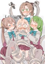 Rule 34 | 4girls, ahoge, akigumo (kancolle), blush, brown hair, censored, commentary request, cum, cum in mouth, enemy naval mine (kancolle), enjaku izuku, glasses, green hair, hand on another&#039;s face, hand on another&#039;s leg, highres, kantai collection, kazagumo (kancolle), long hair, makigumo (kancolle), multiple girls, oral, pantyhose, pink hair, ponytail, rape, restrained, smile, sweat, tentacle sex, tentacles, torn clothes, torn legwear, vaginal, wide-eyed, yuugumo (kancolle)