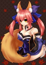 Rule 34 | 10s, 1girl, animal ears, autumn leaves, bad id, bad pixiv id, bare shoulders, breasts, cleavage, detached sleeves, fate/extra, fate (series), fox ears, fox tail, hair ornament, hair ribbon, japanese clothes, kumonana, large breasts, leaf, long hair, looking at viewer, panties, pink hair, ribbon, sitting, smile, solo, tail, tamamo (fate), tamamo no mae (fate/extra), thighhighs, twintails, underwear, yellow eyes