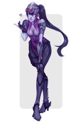 Rule 34 | 1girl, bent over, blowing kiss, bodysuit, colored skin, hand on own knee, head-mounted display, long hair, overwatch, overwatch 1, pink bodysuit, ponytail, purple hair, purple skin, solo, whispwill, widowmaker (overwatch), yellow eyes