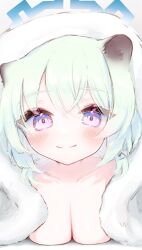 Rule 34 | 1girl, absurdres, animal ears, blue archive, blush, breast press, breasts, collarbone, commentary, green hair, halo, highres, looking at viewer, lying, mang, medium breasts, on stomach, purple eyes, shigure (blue archive), smile, solo, towel, towel on head, weasel ears, white towel