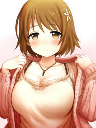 Rule 34 | 1girl, breasts, brown eyes, brown hair, cleavage, commentary request, flower, hair flower, hair ornament, highres, idolmaster, idolmaster cinderella girls, jewelry, large breasts, mimura kanako, necklace, sakaki imasato, short hair, solo