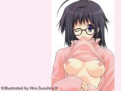 Rule 34 | 1girl, black hair, breasts, clothes lift, glasses, medium breasts, nipples, shirt lift, solo, suzuhira hiro, topup