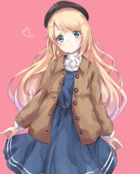 Rule 34 | 1girl, alternate costume, bad id, bad pixiv id, beret, blonde hair, blue dress, blue eyes, blue hat, brown coat, coat, commentary request, dress, full body, hat, highres, jervis (kancolle), kantai collection, long hair, mary janes, pink background, sa-ya2, shoes, simple background, socks, solo, standing, white socks
