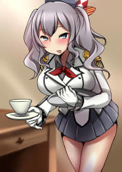 Rule 34 | 10s, bad id, bad pixiv id, bare legs, blue eyes, blush, bow, breast rest, breasts, breasts on tray, carried breast rest, carrying, cup, desk, epaulettes, gloves, grey skirt, hat, hat bow, holding, holding tray, jacket, kantai collection, kashima (kancolle), large breasts, leaning forward, looking at viewer, military, military uniform, open collar, open mouth, pleated skirt, saucer, silver hair, skirt, smile, solo, steam, teacup, thighs, tray, twintails, uniform, white gloves, white jacket, yoiyoi (kannkann100)
