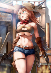 Rule 34 | 1girl, bad id, bad pixiv id, bandana, bandeau, bare shoulders, barrel, belko, belt, blonde hair, blue eyes, blush, breasts, brown gloves, center opening, character request, cleavage, cleavage cutout, clothing cutout, collarbone, cowboy western, day, denim, denim shorts, dual wielding, elbow gloves, gloves, gun, hair between eyes, handgun, hat, hat feather, highres, hip focus, holding, holster, large breasts, long hair, looking to the side, navel, open mouth, outdoors, red bandana, red neckwear, revolver, short shorts, shorts, smile, solo, sound project siva, sunlight, thigh strap, thighs, underboob, weapon