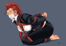 Rule 34 | 1girl, arms behind back, ball gag, barefoot, bdsm, bent over, between breasts, bondage, bound, braid, breasts, cleavage cutout, clothing cutout, crimson viper, cross, cross earrings, earrings, feet, female focus, formal, gag, gagged, grey background, highres, improvised gag, jewelry, kneeling, large breasts, layered gags, legs together, long hair, looking at viewer, lost one zero, nail polish, necktie, necktie between breasts, nose, pant suit, pants, pompadour, red hair, red nails, rope, shibari, shibari over clothes, safety glasses, single braid, soles, solo, street fighter, street fighter iv (series), suit, sunglasses, sweatdrop, tan, tape, tape gag, tinted eyewear, yellow-tinted eyewear