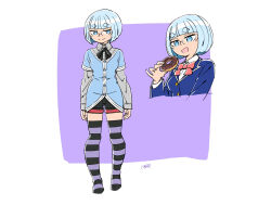 Rule 34 | 1girl, blue eyes, blue hair, blue jacket, bob cut, bow, buttons, casual, collared jacket, collared shirt, cropped torso, doughnut, facing viewer, food, full body, glasses, hand up, holding, holding food, jacket, layered sleeves, long sleeves, multiple views, neck ribbon, open mouth, original, purple background, reina (sunafuki tabito), ribbon, school uniform, shirt, short over long sleeves, short sleeves, shorts, signature, smile, solo, striped clothes, striped thighhighs, sunafuki tabito, thick eyebrows, thighhighs, white shirt