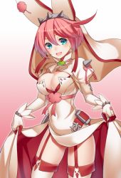 Rule 34 | 1girl, blue eyes, breasts, cleavage, clothes lift, dress, dress lift, elphelt valentine, garter straps, gloves, guilty gear, guilty gear xrd, headband, headdress, large breasts, long sleeves, looking at viewer, open mouth, pink hair, ray-akila, short hair, smile, solo, thighhighs
