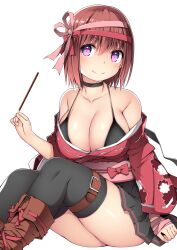 Rule 34 | 1girl, absurdres, bare shoulders, bikini, black bikini, black choker, black footwear, black thighhighs, boots, breasts, choker, cleavage, floral print, food, hair between eyes, hair ribbon, highres, holding, holding food, holding pocky, japanese clothes, kimono, kuromayu, large breasts, looking at viewer, obi, off shoulder, original, pink ribbon, pocky, purple eyes, red hair, red kimono, red ribbon, ribbon, sash, short hair, simple background, sitting, smile, solo, swimsuit, thighhighs, white background
