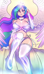 Rule 34 | 1girl, bare shoulders, blue hair, boots, bra, breasts, celestia (my little pony), choker, crown, detached sleeves, green hair, highres, horns, knees together feet apart, large breasts, long hair, maniacpaint, multicolored hair, my little pony, my little pony: friendship is magic, panties, personification, pink hair, purple eyes, side-tie panties, single horn, sitting, solo, strapless, strapless bra, thigh boots, thighhighs, underwear, underwear only, very long hair, wings