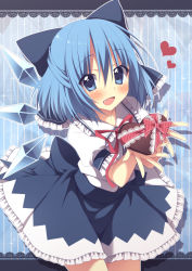 Rule 34 | 1girl, bad id, bad pixiv id, blue dress, blue eyes, blue hair, blush, candy, chocolate, chocolate heart, cirno, dress, fang, food, gift, hair bun, heart, ice, ice wings, looking at viewer, matching hair/eyes, oniku (shimofuri-ke), open mouth, puffy sleeves, shirt, short sleeves, smile, solo, striped, striped background, touhou, valentine, wings