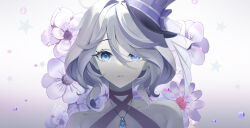 Rule 34 | 1girl, absurdres, alternate costume, blue choker, blue eyes, blue hat, choker, commentary request, criss-cross halter, flower, furina (genshin impact), genshin impact, grey background, grey flower, hair intakes, halterneck, hat, highres, jewelry, looking at viewer, parted lips, pendant, portrait, purple flower, short hair, solo, top hat, white hair, zim-o (2cy520)