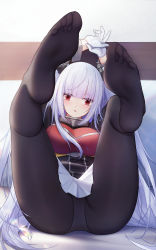 Rule 34 | absurdres, black legwear, breasts, essex (warship girls r), foot focus, foreshortening, gloves, highres, large breasts, long hair, no shoes, open mouth, panties, pantyhose, red eyes, shirt, silver hair, spread legs, toenails, toes, twintails, underwear, warship girls r, white gloves, white shirt, xingchee
