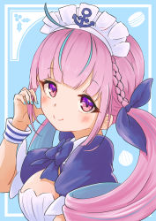 Rule 34 | 1girl, absurdres, ahoge, anchor symbol, blue background, blue bow, blue dress, blue hair, blue nails, blue ribbon, blush, bow, braid, breasts, closed mouth, commentary request, dress, hair ribbon, hand up, highres, hilamaru, hololive, looking at viewer, medium breasts, minato aqua, minato aqua (1st costume), multicolored hair, nail polish, pink hair, puffy short sleeves, puffy sleeves, purple eyes, ribbon, short sleeves, smile, solo, twintails, two-tone hair, virtual youtuber, wrist cuffs