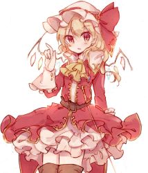 Rule 34 | 1girl, alternate costume, ascot, belt, blonde hair, blush, boots, bow, brown footwear, crystal, dress, flandre scarlet, hat, hat ribbon, long sleeves, medium hair, mob cap, one side up, red bow, red dress, red eyes, red ribbon, ribbon, saber (weapon), solo, sorani (kaeru0768), sword, touhou, weapon, white background, wings, yellow ascot