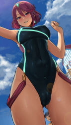 Rule 34 | 1boy, 1girl, armor, armpits, bare shoulders, beach house, black hair, black one-piece swimsuit, blue sky, blush, breasts, circlet, cloud, competition swimsuit, covered erect nipples, covered navel, day, earrings, fingerless gloves, from below, gloves, gluteal fold, grin, hair between eyes, head tilt, highres, jewelry, large breasts, lasterk, lens flare, looking at viewer, looking down, nintendo, one-piece swimsuit, open mouth, parted lips, pyra (pro swimmer) (xenoblade), pyra (xenoblade), red eyes, red hair, rex (xenoblade), short hair, shoulder armor, sidelocks, skin tight, sky, smile, solo focus, standing, swept bangs, swimsuit, teeth, thighs, tiara, water, xenoblade chronicles (series), xenoblade chronicles 2