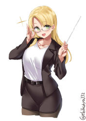 Rule 34 | 1girl, belt, belt buckle, black belt, black pantyhose, black skirt, blonde hair, blush, breasts, buckle, collarbone, cowboy shot, cropped legs, ebifurya, glasses, green eyes, highres, kantai collection, large breasts, long hair, long sleeves, looking at viewer, northampton (kancolle), one-hour drawing challenge, open mouth, pantyhose, pencil skirt, simple background, skirt, smile, solo, twitter username, white background
