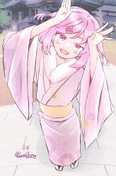 Rule 34 | 1girl, :d, architecture, artist name, blush, blush stickers, bob cut, bright pupils, chinese zodiac, commentary, dated, doki doki literature club, east asian architecture, eyelashes, fang, floral print, full body, fur-trimmed kimono, fur trim, furisode, hair ornament, hands up, head tilt, highres, jacket, japanese clothes, kimono, leguma, long sleeves, lvxsiguma, natsuki (doki doki literature club), new year, obi, open clothes, open jacket, open mouth, outdoors, pink eyes, pink hair, pink kimono, rabbit pose, sandals, sash, short hair, sidewalk, skin fang, smile, socks, solo, standing, stone floor, swept bangs, tabi, temple, twitter username, two side up, upturned eyes, white socks, wide sleeves, x hair ornament, year of the rabbit, yellow sash, zouri