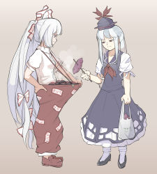 Rule 34 | 2girls, bag, beige background, black footwear, blue dress, blue headwear, blunt bangs, bow, breasts, closed mouth, coal, collarbone, collared dress, collared shirt, dress, dress shirt, food, from side, fujiwara no mokou, full body, hair bow, hand on own hip, hat, highres, holding, holding bag, holding skewer, holding stick, kamishirasawa keine, long hair, looking at another, multiple girls, no socks, ofuda, ofuda on clothes, pants, peroponesosu., pinafore dress, plastic bag, puffy short sleeves, puffy sleeves, red footwear, red pants, shirt, shoes, short sleeves, skewer, sleeveless dress, small breasts, socks, standing, stick, suspenders, sweet potato, tokin hat, touhou, very long hair, white hair, white shirt