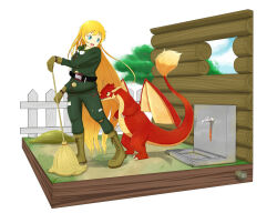 Rule 34 | 1girl, belt, blonde hair, blue eyes, border, broom, brown footwear, brown gloves, claws, creature, dragon, faucet, fence, gloves, goggles, goggles around neck, long hair, military, military uniform, open mouth, original, outdoors, picket fence, red scales, rodemaru, sweeping, teeth, uniform, upper teeth only, very long hair, white border, wooden fence, yellow eyes