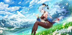 Rule 34 | 1girl, ahoge, apple caramel, bare shoulders, bell, black gloves, blue hair, blue sky, bodystocking, breasts, bug, butterfly, cloud, copyright name, cowbell, detached sleeves, dutch angle, feet out of frame, floating hair, flower, ganyu (genshin impact), genshin impact, gloves, goat horns, hair between eyes, hair flower, hair ornament, high collar, highres, horns, insect, logo, long hair, looking at viewer, neck bell, no nose, open mouth, outdoors, petals, purple eyes, sideboob, single glove, sitting, sky, smile, solo, sun, tassel, teeth, upper teeth only, very long hair, vision (genshin impact), waist cape, water, watermark, white flower