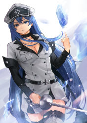 Rule 34 | 1girl, akame ga kill!, belt, blue eyes, blue hair, boots, breasts, chest tattoo, choker, cleavage, collarbone, commentary request, esdeath, floating, floating object, hair between eyes, hat, highres, holding, holding sword, holding weapon, j-u-n06, large breasts, light particles, long hair, looking at viewer, military, military uniform, open mouth, peaked cap, rapier, solo, sword, tattoo, thigh boots, thighhighs, uniform, very long hair, weapon, zettai ryouiki