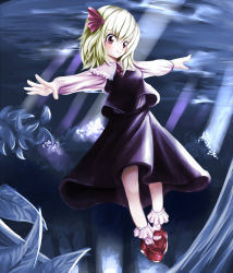 Rule 34 | 1girl, aldehyde, bad id, bad pixiv id, blonde hair, blush, brown eyes, embodiment of scarlet devil, female focus, flower, forest, full body, nature, night, outdoors, outstretched arms, ribbon, rumia, short hair, solo, spread arms, touhou