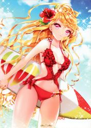 Rule 34 | 1girl, absurdres, bikini, blonde hair, breasts, center opening, cinia pacifica, cocoon (loveririn), curly hair, dutch angle, flower, frilled swimsuit, frills, hair flower, hair ornament, hibiscus, highres, holding, holding behind back, long hair, looking at viewer, navel, pink eyes, red bikini, red eyes, ringlets, scan, sparkle, strap gap, surfboard, swimsuit, sword girls, very long hair