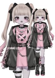Rule 34 | 1girl, animal collar, black footwear, black jacket, black ribbon, black thighhighs, blunt bangs, chain, collar, commission, cowboy shot, dress, full body, hair ribbon, highres, indie virtual youtuber, jacket, jewelry, long hair, looking at viewer, muni (vtuber), necklace, open clothes, open jacket, open mouth, pink dress, pink eyes, pink ribbon, razor blade, ribbon, shiona (siona0625), short dress, simple background, single thighhigh, sleeves past wrists, smile, standing, straight-on, thigh strap, thighhighs, twintails, watermark, white background, zoom layer