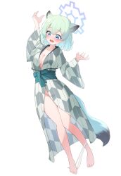 1girl absurdres animal_ears barefoot blue_archive blue_eyes blue_halo blush breasts cleavage collarbone full_body gradient_eyes green_hair halo hands_up highres japanese_clothes kimono medium_breasts multicolored_eyes naked_kimono open_mouth panties panties_around_one_ankle purple_eyes purple_halo shigure_(blue_archive) short_hair simple_background solo tail tisofofo tripping underwear weasel_ears weasel_girl weasel_tail white_background white_panties