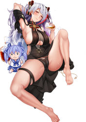 Rule 34 | 1girl, absurdres, alcohol, alternate costume, antenna hair, armpits, azur lane, bare shoulders, barefoot, black dress, black panties, blush, bottle, bow, breasts, brown eyes, cameltoe, character doll, closed mouth, clothing aside, clothing cutout, cup, dress, dress aside, feet, hair between eyes, hair bow, hasaya, head tilt, highres, holding, holding cup, knee up, large breasts, long hair, looking at viewer, mole, mole on breast, multicolored bow, multicolored hair, panties, pelvic curtain, pouring, pouring onto self, prinz eugen (azur lane), prinz eugen (cordial cornflower) (azur lane), red hair, shoulder cutout, side cutout, sidelocks, silver hair, simple background, sitting, skindentation, smile, solo, streaked hair, swept bangs, thigh strap, thighs, toes, two side up, underboob, underboob cutout, underwear, very long hair, wet, white background