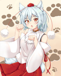 Rule 34 | &gt;:(, 1girl, animal ears, bare shoulders, breasts, collar, commentary, commentary request, detached sleeves, fang, hat, inubashiri momiji, large breasts, looking at viewer, medium skirt, open mouth, orange eyes, paw pose, pom pom (clothes), red skirt, ribbon-trimmed sleeves, ribbon trim, rururiaru, shirt, short hair, silver hair, skirt, sleeveless, sleeveless shirt, solo, tail, tokin hat, touhou, turtleneck, white shirt, wolf ears, wolf tail