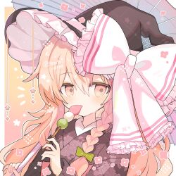Rule 34 | 1girl, blonde hair, bow, braid, candy, commentary, dango, eating, floral print, flower (symbol), food, frills, green bow, hat, hat bow, highres, holding, holding food, holding umbrella, japanese clothes, kimono, kirisame marisa, light blush, lollipop, long hair, long sleeves, looking at viewer, oil-paper umbrella, sanshoku dango, shirocha tei, single braid, solo, star (symbol), touhou, umbrella, wagashi, white bow, witch hat, yellow eyes