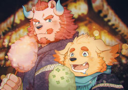 Rule 34 | 2boys, animal ears, bandaged hand, bandages, bara, bear ears, blue eyes, blue horns, blurry, blurry background, bokeh, chernobog (housamo), closed mouth, cotton candy, cu sith (housamo), curled horns, daisukebear, depth of field, dog boy, dog ears, drooling, facial hair, fangs, flower in eye, food, furry, furry male, goatee, gradient horns, green eyes, green scarf, holding, holding food, horns, jinbei (clothes), looking at food, looking to the side, male focus, mature male, mouth drool, multicolored horns, multiple boys, open mouth, orange hair, pink fur, scarf, short hair, smile, symbol in eye, thick eyebrows, tokyo houkago summoners, tusks, upper body, yellow fur