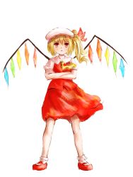 Rule 34 | 1girl, ascot, blonde hair, bobby socks, crossed arms, expressionless, flandre scarlet, full body, hair ribbon, hat, highres, lips, looking at viewer, mary janes, mob cap, ougibro (spookybro), puffy short sleeves, puffy sleeves, red eyes, ribbon, shoes, short sleeves, side ponytail, simple background, sketch, skirt, skirt set, socks, solo, standing, touhou, white background, wind, wings