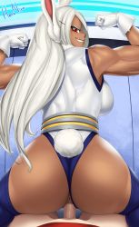 Rule 34 | 1boy, 1girl, anus, artist name, ass, bare shoulders, boku no hero academia, breasts, clothing aside, dark-skinned female, dark skin, flexing, girl on top, gloves, herunite, hetero, highres, huge ass, large breasts, leotard, leotard aside, long hair, looking at viewer, looking back, mirko, muscular, muscular female, pov, pussy, rabbit ears, rabbit girl, rabbit tail, red eyes, reverse cowgirl position, sex, sex from behind, sleeveless, smile, straddling, thighhighs, vaginal, white gloves, white hair