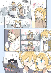Rule 34 | &gt; &lt;, 1boy, 1girl, black collar, black shorts, blonde hair, blue eyes, blush, bow, brother and sister, brown sweater, collar, comic, commentary, couch, covering own mouth, digital dissolve, hair bow, hair ornament, hairclip, headphones, holding hands, kagamine len, kagamine rin, leg warmers, light blush, looking at another, nail polish, neckerchief, necktie, pillow, sailor collar, school uniform, shirt, short hair, short ponytail, short shorts, shorts, siblings, side-by-side, sitting, sleeping, speech bubble, spiked hair, suzumi (fallxalice), sweater, swept bangs, thought bubble, translated, twins, virtual reality, vocaloid, white bow, white shirt, yawning, yellow nails, yellow neckerchief