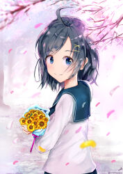 1girl 310setsu absurdres ahoge black_hair blue_eyes bouquet branch cherry_blossoms closed_mouth falling_petals flower from_behind green_sailor_collar hair_ornament highres hikigaya_komachi holding holding_bouquet long_sleeves looking_at_viewer looking_back outdoors petals sailor_collar school_uniform serafuku shirt short_hair signature solo tree twitter_username white_shirt x_hair_ornament yahari_ore_no_seishun_lovecome_wa_machigatteiru.